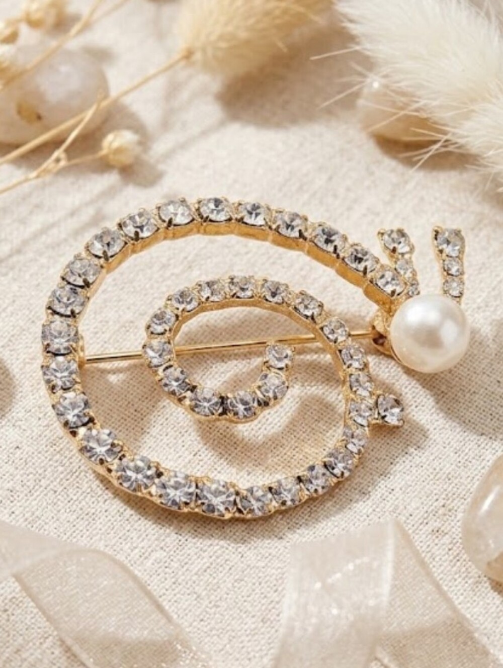 Spiral Rhinestone Pearl Snail Statement Brooch